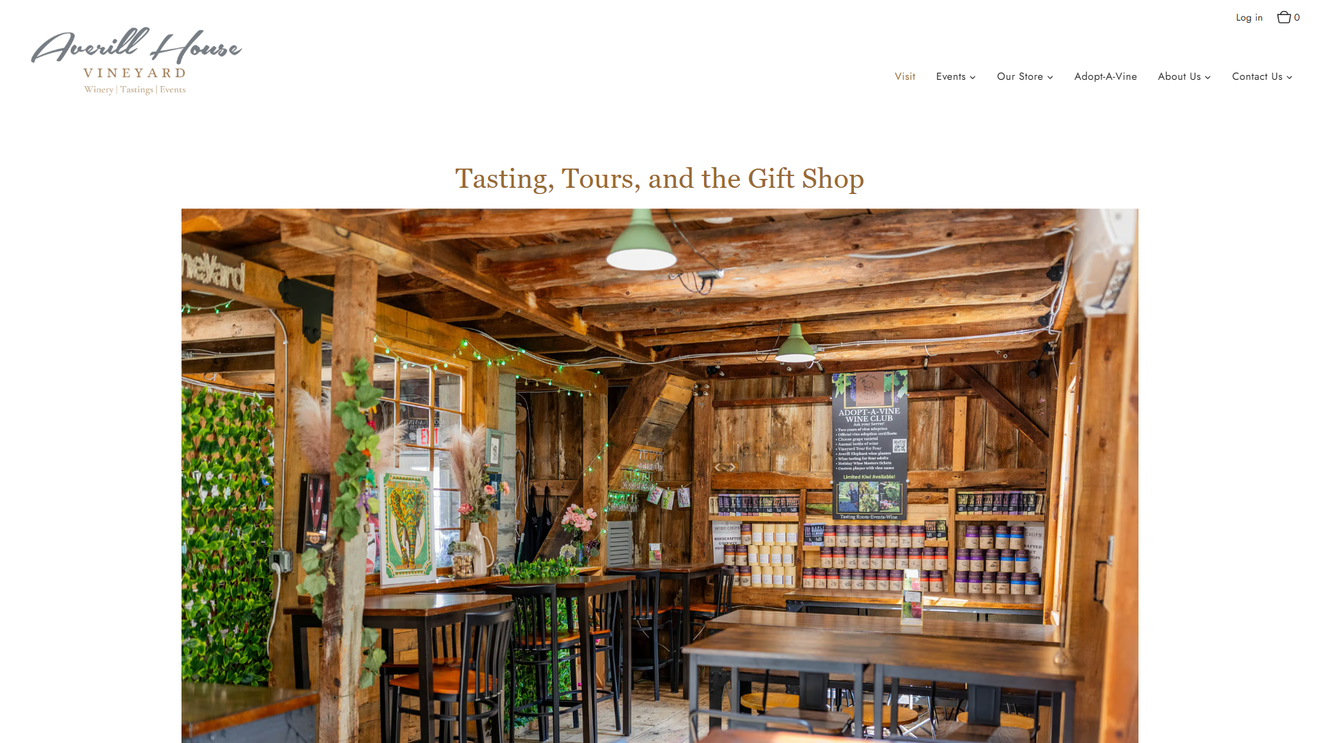 The Averill House tasting room page in a desktop browser, headed "Tasting, Tours, and the Gift Shop", with the rustic timber interior, its hanging lamps and shelves of gift shop stock.