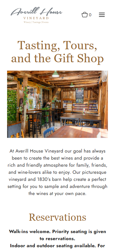 The Averill House tasting room page on a phone, headed "Tasting, Tours, and the Gift Shop", with the timber interior above the reservations note.