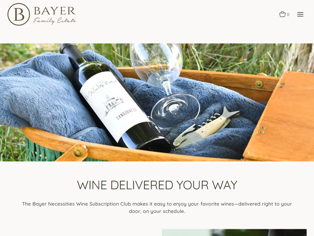 The Bayer Family Estate wine club page in a desktop browser, headed "Wine Delivered Your Way", with a bottle and glass resting on a blue blanket in a wooden tray.