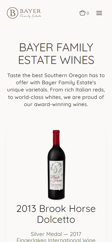 The Bayer Family Estate wines listing on a phone, headed "Bayer Family Estate Wines", showing the 2013 Brook Horse Dolcetto with its silver medal note.