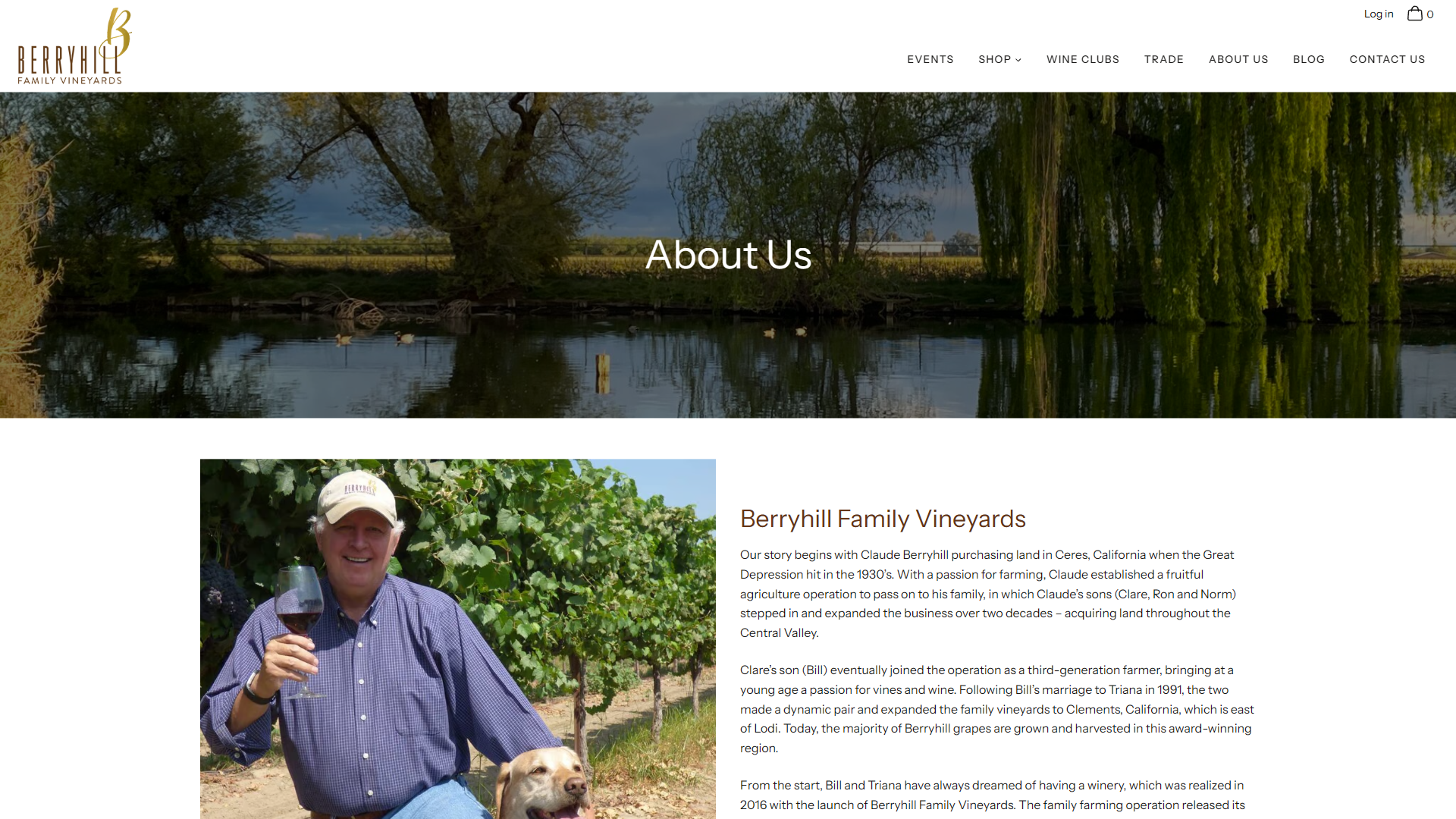 The Berryhill About page in a desktop browser, headed "About Us" over willows reflected in a pond, with a photograph of one of the family holding a glass in the vines beside their history.
