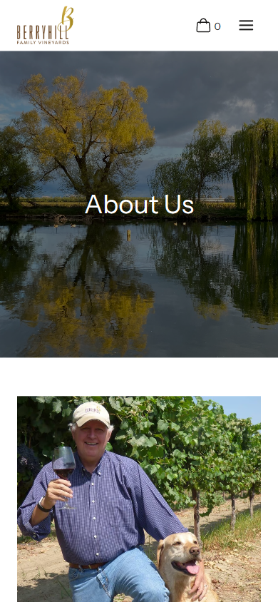 The Berryhill About page on a phone, headed "About Us" over the pond, with the photograph of the grower and his dog below.