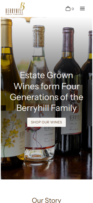 The Berryhill homepage on a phone, with the bottles on the table behind the four generations headline and a shop button.