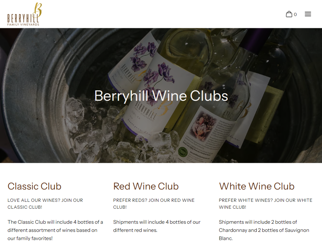 The Berryhill wine clubs page in a desktop browser, headed "Berryhill Wine Clubs" over bottles chilling in an ice tub, with the classic, red and white memberships described below.