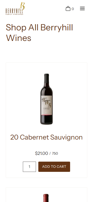 The Berryhill wines listing on a phone, headed "Shop All Berryhill Wines", showing a cabernet sauvignon with its price and an add to cart button.