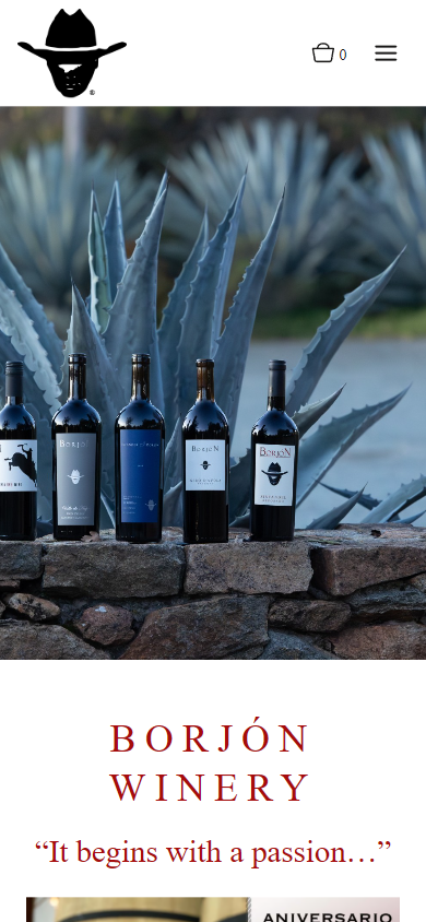The Borjón homepage on a phone, with the bottles in front of the agave above the winery name and tagline.