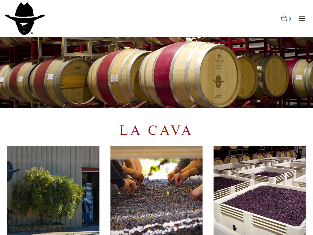 The Borjón cellar page in a desktop browser, headed "La Cava", with a row of painted barrels and photographs of the building and the crush pad.