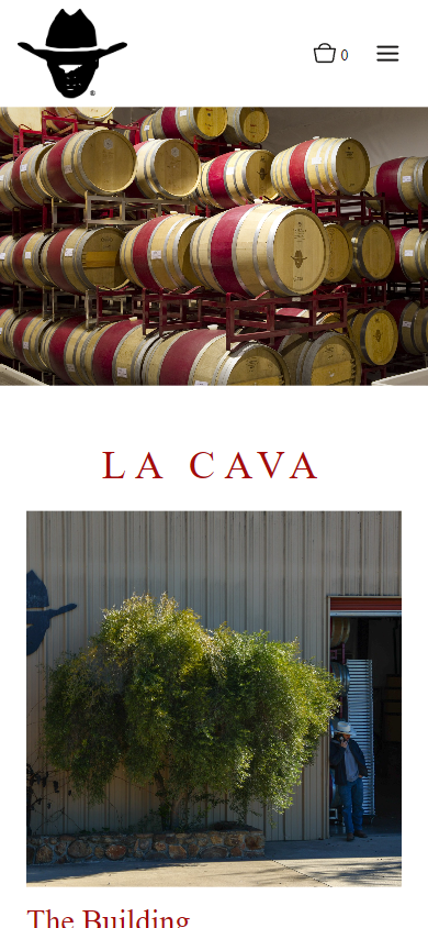 The Borjón cellar page on a phone, headed "La Cava", with the painted barrels above a section on the building.