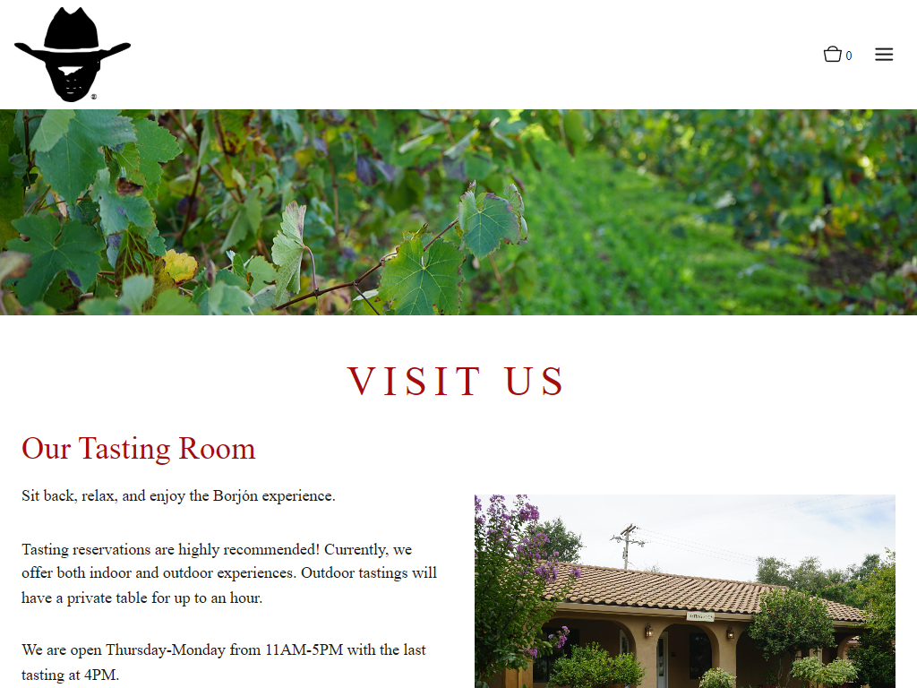 The Borjón Visit Us page in a desktop browser, headed "Visit Us" under a canopy of vine leaves, with the tasting room hours beside a photograph of the winery building.
