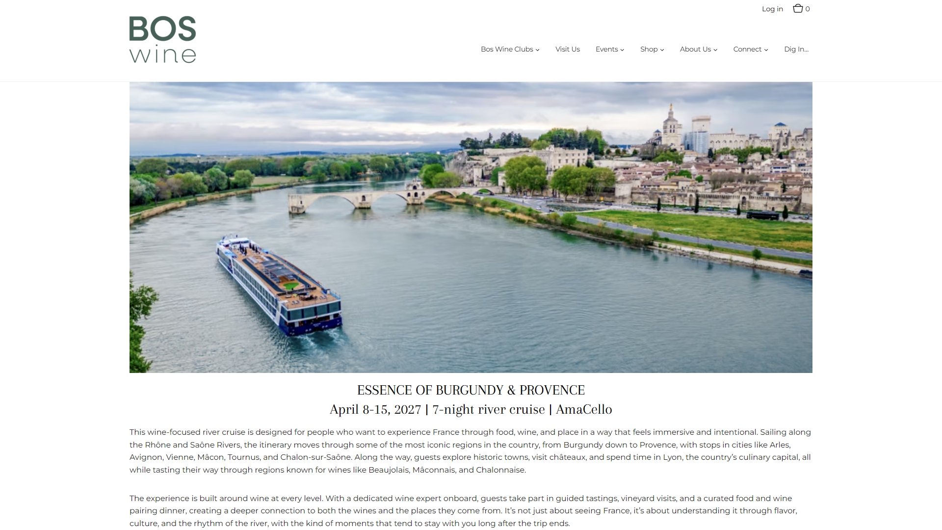 The Bos Wine river cruise page in a desktop browser, with a cruise ship on the river beside a walled French town, above the itinerary for a wine-focused voyage through Burgundy and Provence.