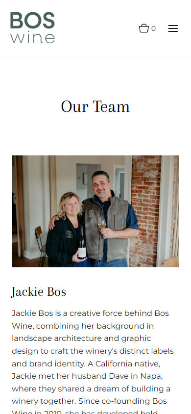 The Bos Wine team page on a phone, headed "Our Team", with a photograph of the founders in the winery above the first biography.