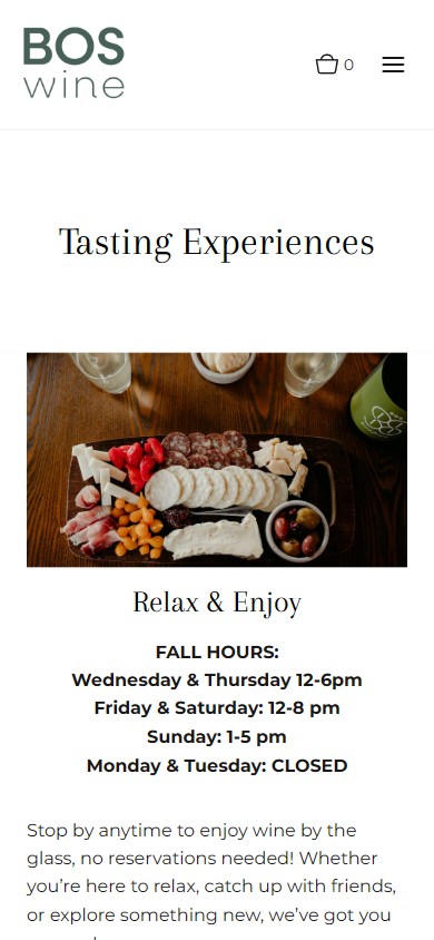 The Bos Wine tasting experiences page on a phone, headed "Tasting Experiences", with the charcuterie photograph above the autumn opening hours.