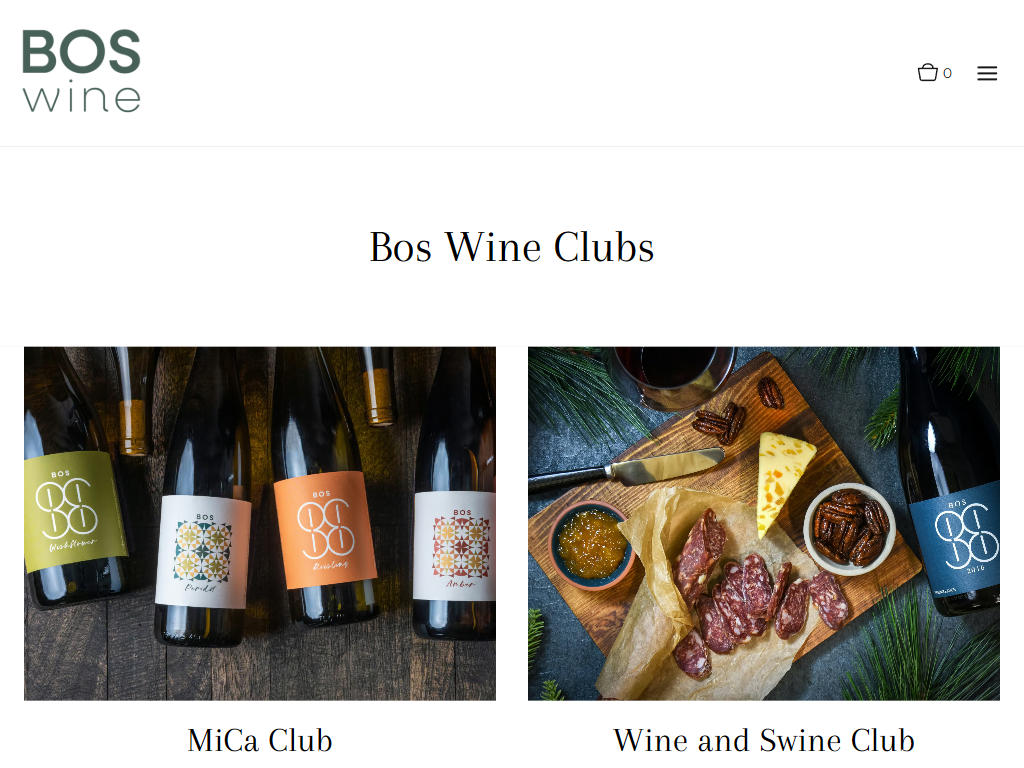 The Bos Wine clubs page in a desktop browser, headed "Bos Wine Clubs", showing the two memberships side by side with photographs of bottles and a cheese board.