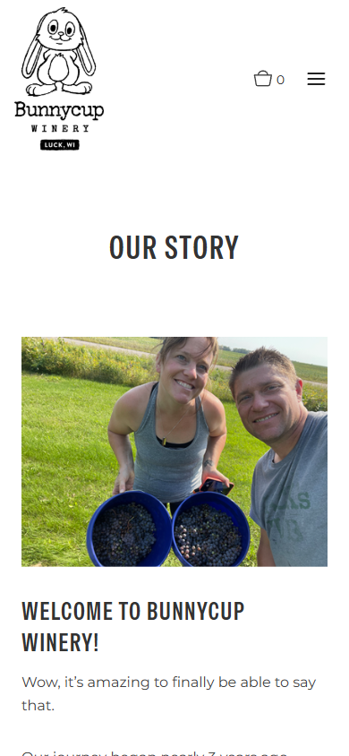 The Bunnycup About page on a phone, headed "Our Story", with the owners' photograph above the welcome.