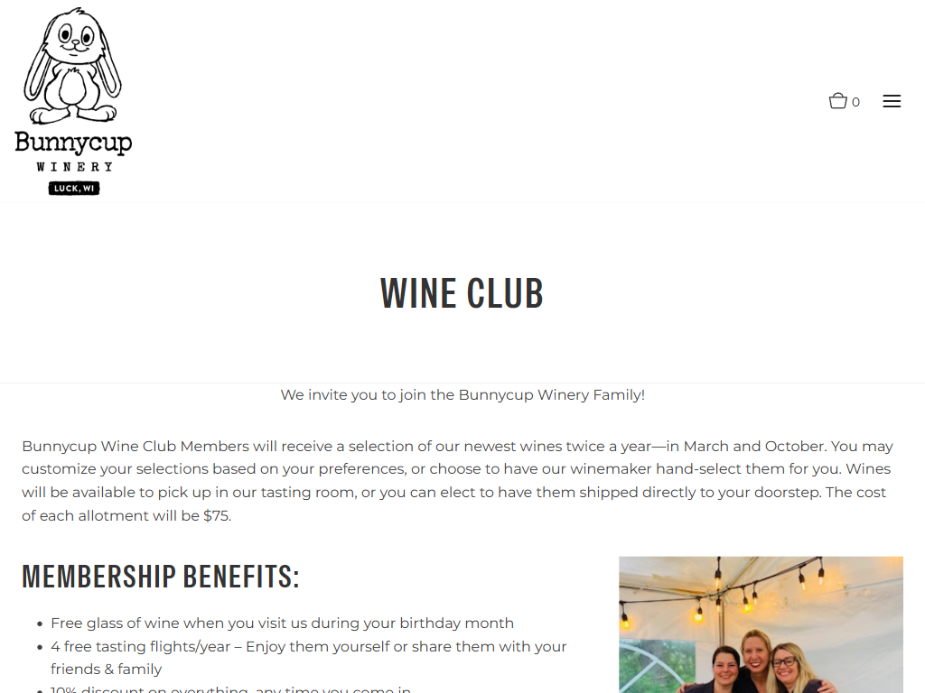 The Bunnycup wine club page in a desktop browser, headed "Wine Club", listing the membership benefits beside a photograph of guests at a table under string lights.
