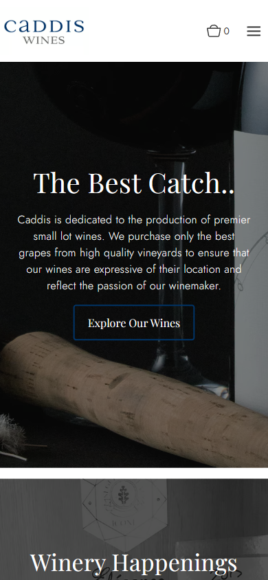 The Caddis Wines homepage on a phone, with "The Best Catch.." over the dark still life, above a Winery Happenings section.