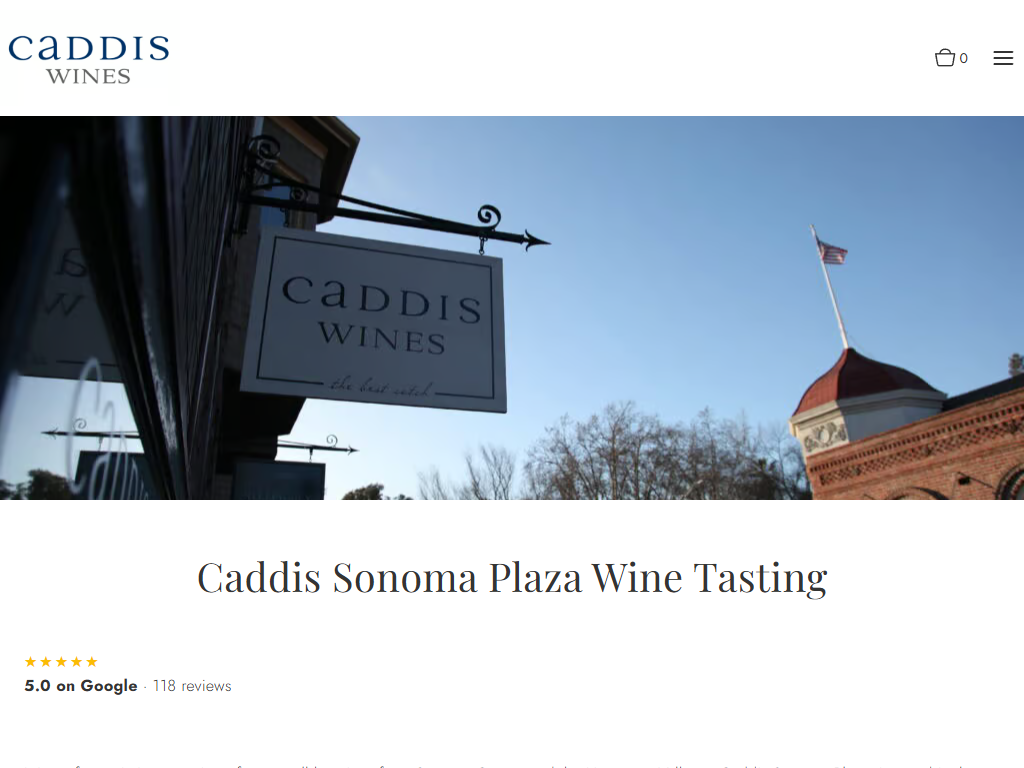 The Caddis Wines Visit Us page in a desktop browser, with the hanging Caddis Wines sign on the street outside, above the heading "Caddis Sonoma Plaza Wine Tasting" and its Google rating.