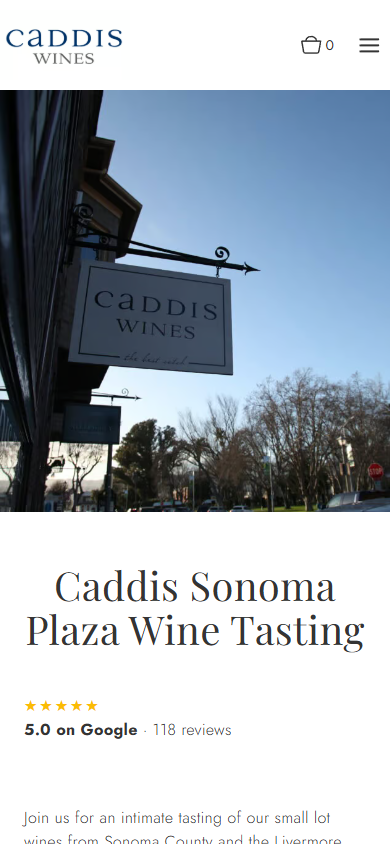 The Caddis Wines Visit Us page on a phone, with the hanging street sign above the heading "Caddis Sonoma Plaza Wine Tasting" and its Google rating.