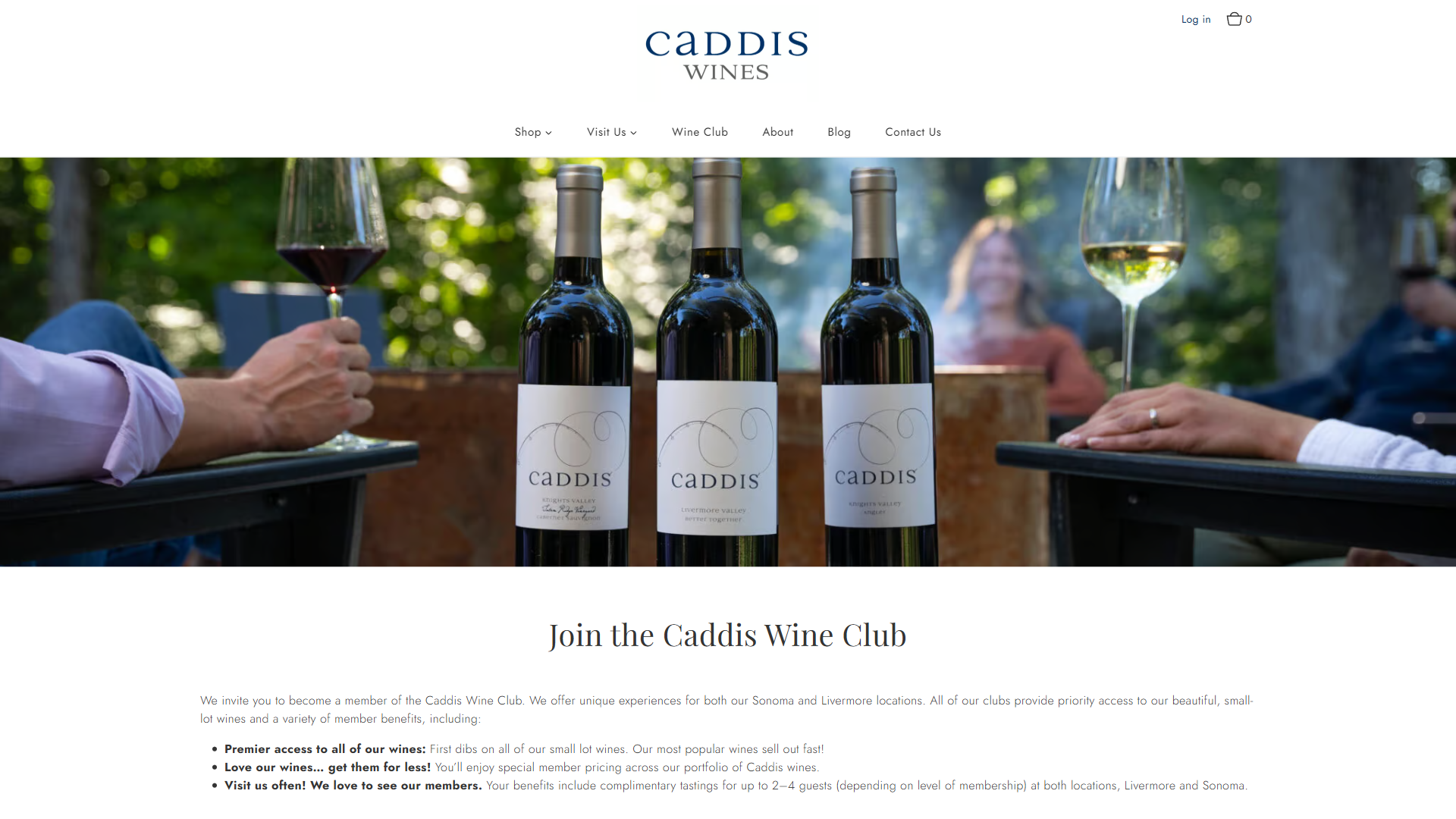 The Caddis Wines wine club page in a desktop browser, with three bottles standing on outdoor tables as guests hold their glasses, above the heading "Join the Caddis Wine Club" and the member benefits.