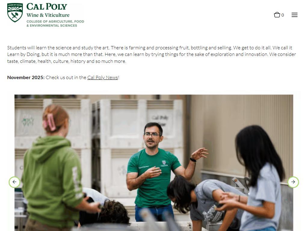 The Cal Poly Wine and Viticulture news page in a desktop browser, with an instructor talking to students in the winery, above copy about learning by doing.
