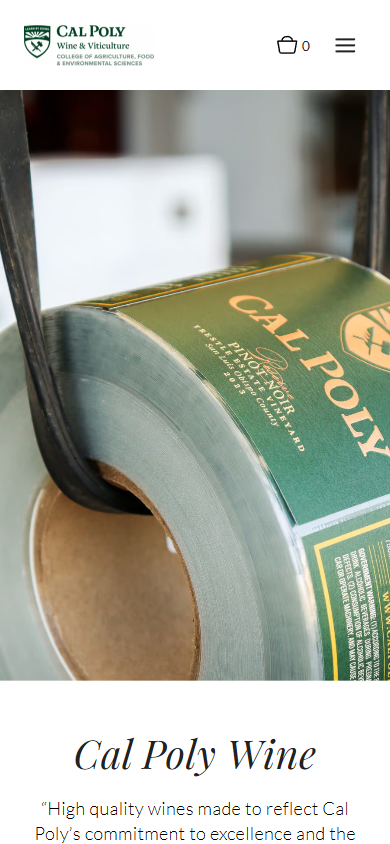 The Cal Poly Wine homepage on a phone, with the roll of labels above the heading "Cal Poly Wine".