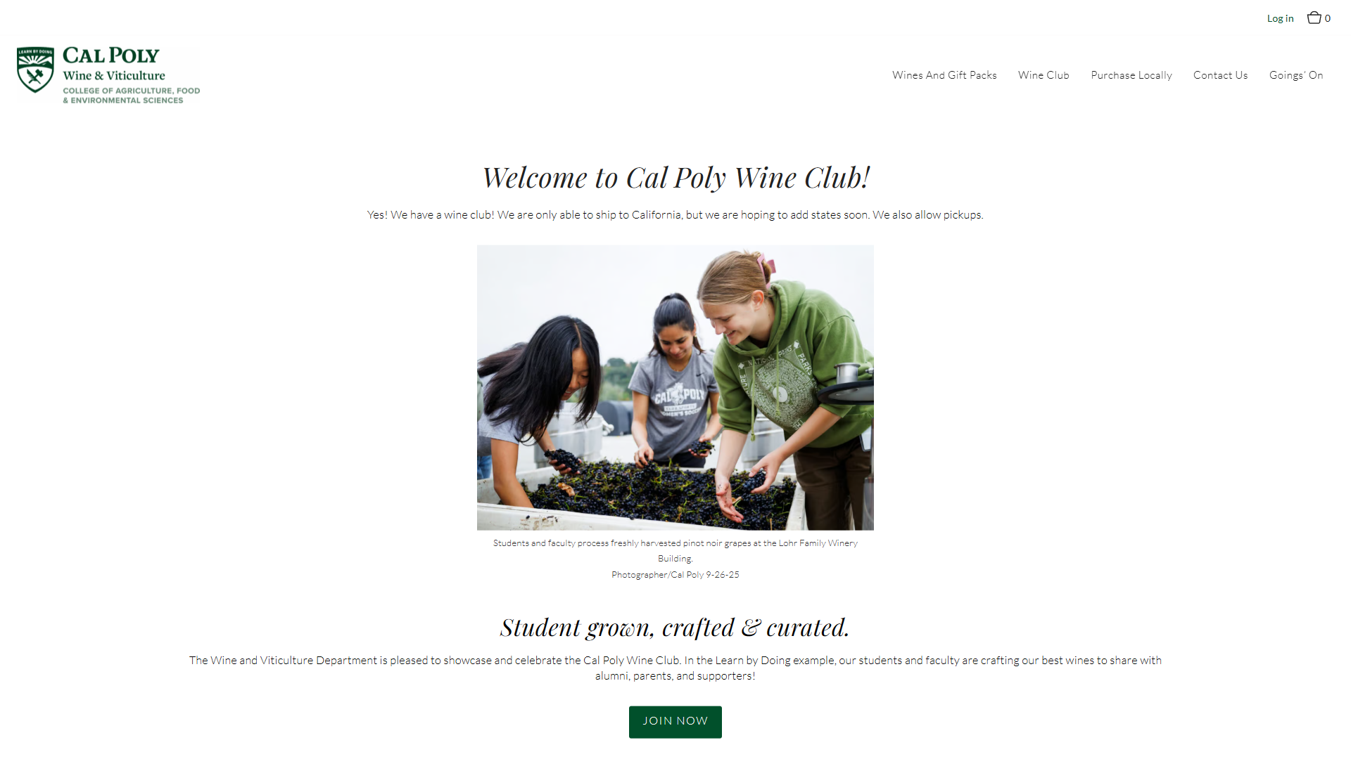 The Cal Poly Wine club page in a desktop browser, headed "Welcome to Cal Poly Wine Club!", with students and faculty sorting grapes at a table, above the line "Student grown, crafted & curated" and a join button.