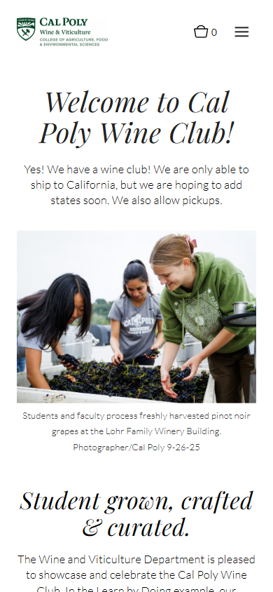 The Cal Poly Wine club page on a phone, headed "Welcome to Cal Poly Wine Club!", with the grape sorting photograph and the student grown line beneath.