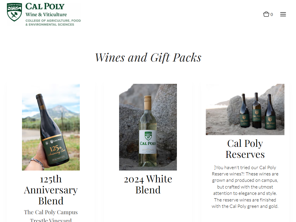 The Cal Poly Wine listing in a desktop browser, headed "Wines and Gift Packs", showing the 125th Anniversary Blend, the 2024 White Blend and the Cal Poly Reserves.