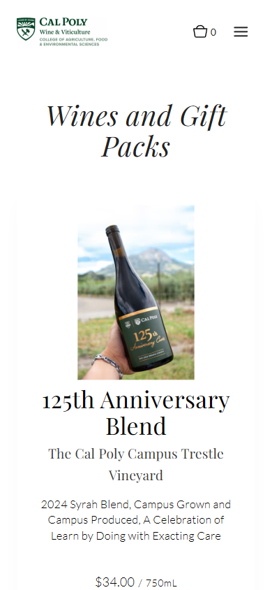 The Cal Poly Wine listing on a phone, headed "Wines and Gift Packs", showing the 125th Anniversary Blend from the campus trestle vineyard with its price.