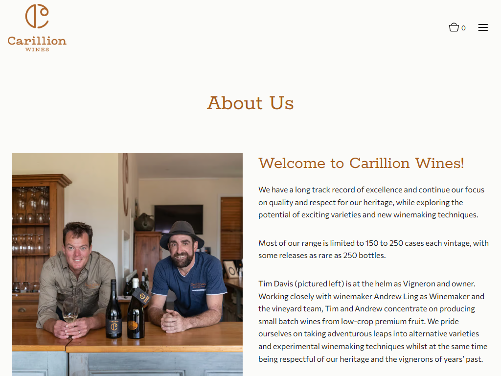 The Carillion About page in a desktop browser, headed "About Us", with two members of the team leaning on a counter with bottles beside the welcome copy.