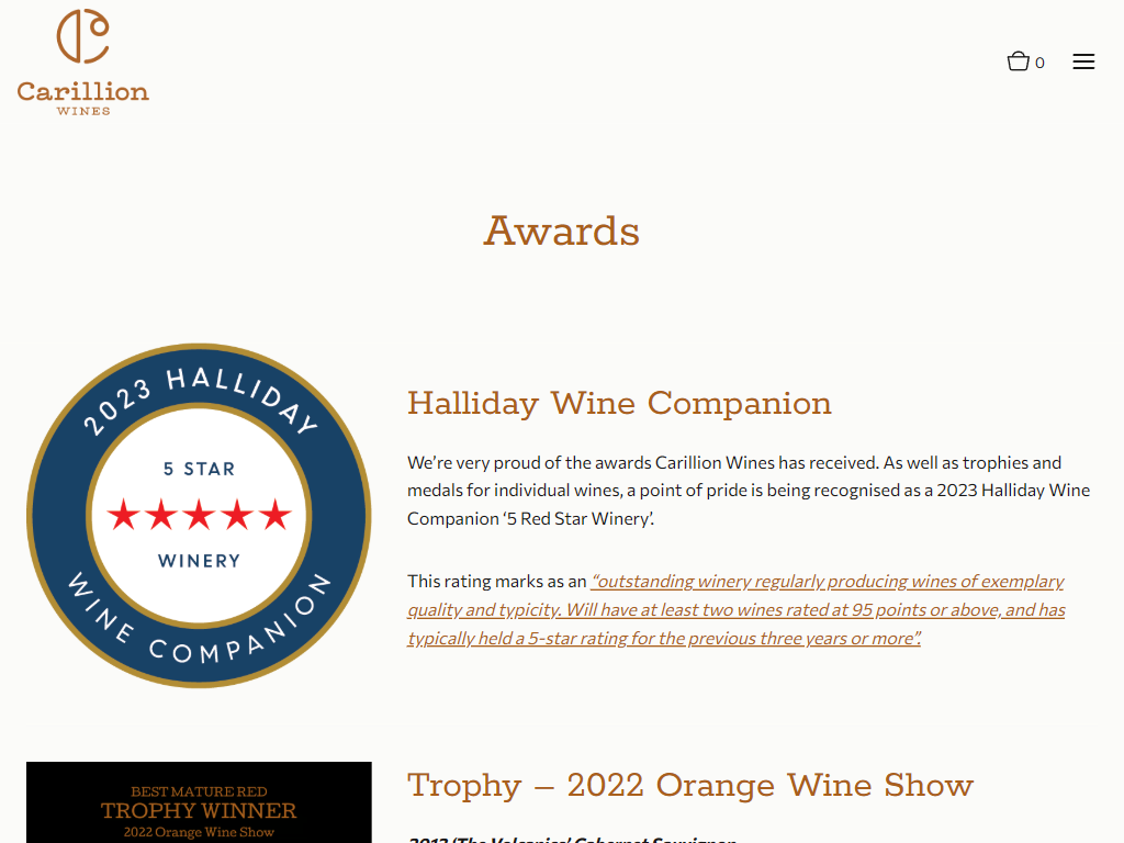 The Carillion awards page in a desktop browser, headed "Awards", showing a Halliday five-star winery badge and a trophy winner banner with the citations beside them.