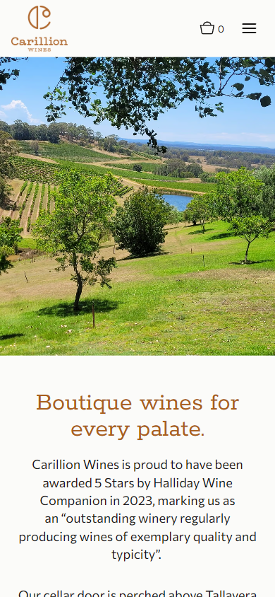 The Carillion homepage on a phone, with the aerial vineyard photograph above the heading "Boutique wines for every palate".