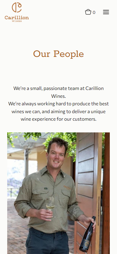 The Carillion people page on a phone, headed "Our People", with a member of the team photographed holding bottles in a doorway.