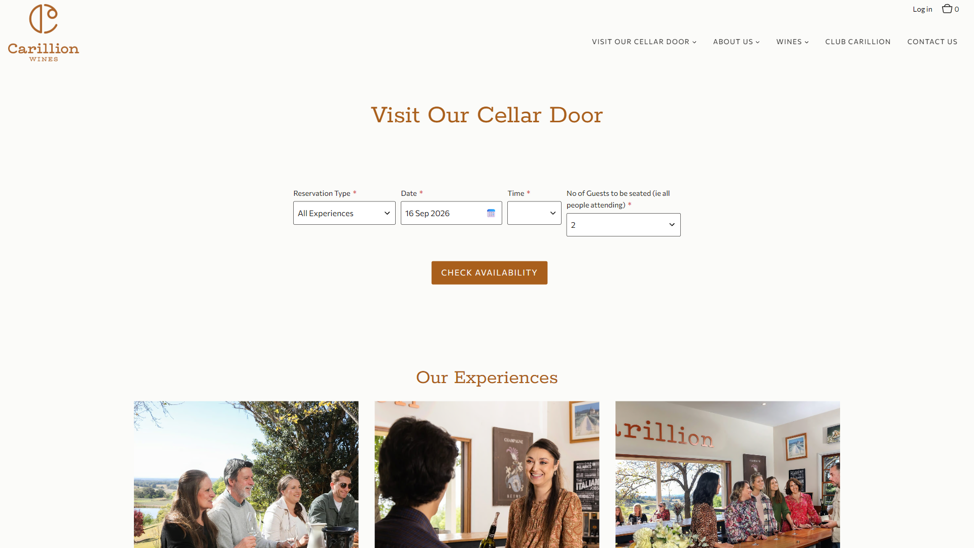 The Carillion reservation page in a desktop browser, headed "Visit Our Cellar Door", with a booking form for experience, date, time and party size, and three photographs of guests tasting below.