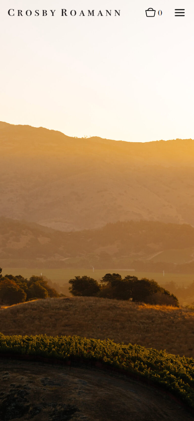 The Crosby Roamann homepage on a phone, filled by the photograph of the hills at first light.