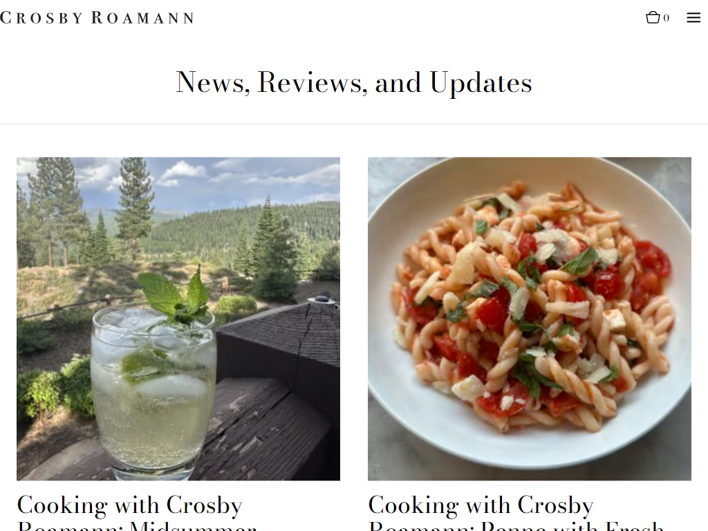 The Crosby Roamann journal in a desktop browser, headed "News, Reviews, and Updates", with cooking posts illustrated by a cocktail on a deck and a bowl of pasta.