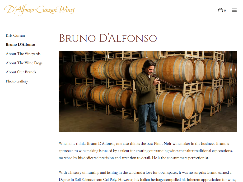 The D'Alfonso-Curran page for Bruno D'Alfonso in a desktop browser, with a photograph of him working among the barrels above his biography.