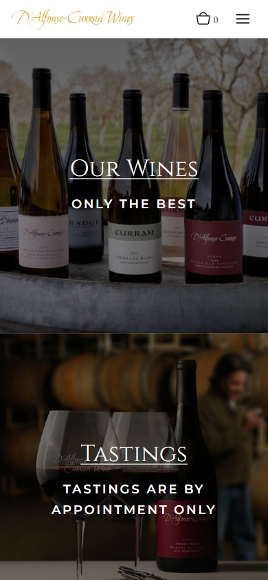 The D'Alfonso-Curran homepage on a phone, with the Our Wines and Tastings panels stacked one above the other.