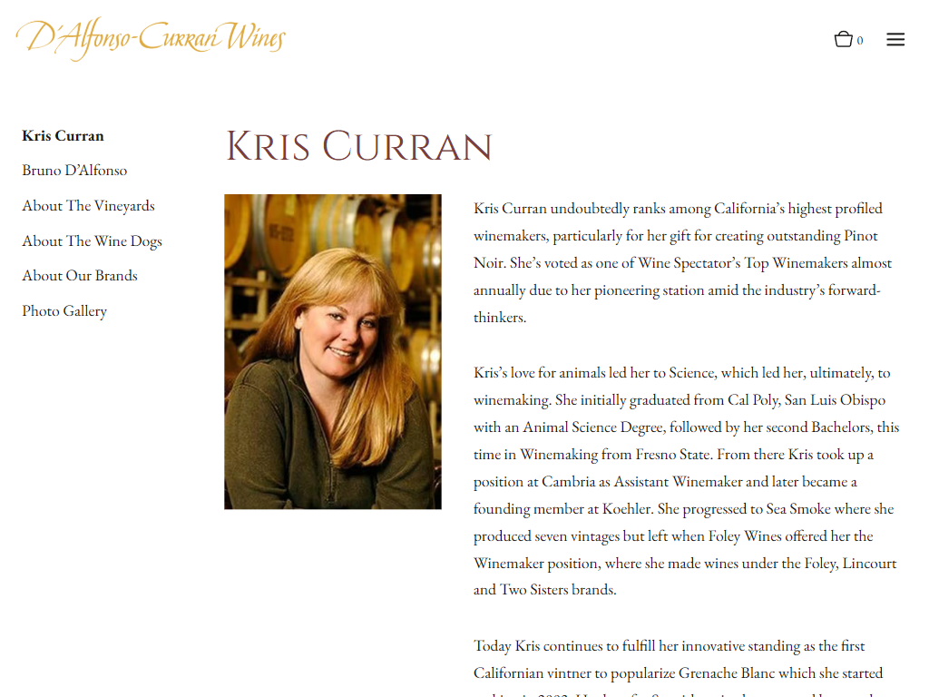The D'Alfonso-Curran page for Kris Curran in a desktop browser, with a portrait beside a biography of her winemaking career.