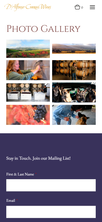 The D'Alfonso-Curran photo gallery on a phone, with the thumbnail grid above a mailing list sign-up form.