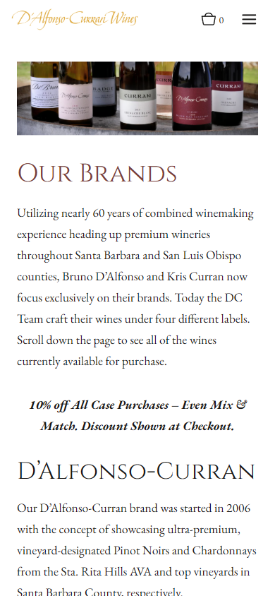 The D'Alfonso-Curran shop on a phone, with a row of bottles above the heading "Our Brands" and the D'Alfonso-Curran label description.