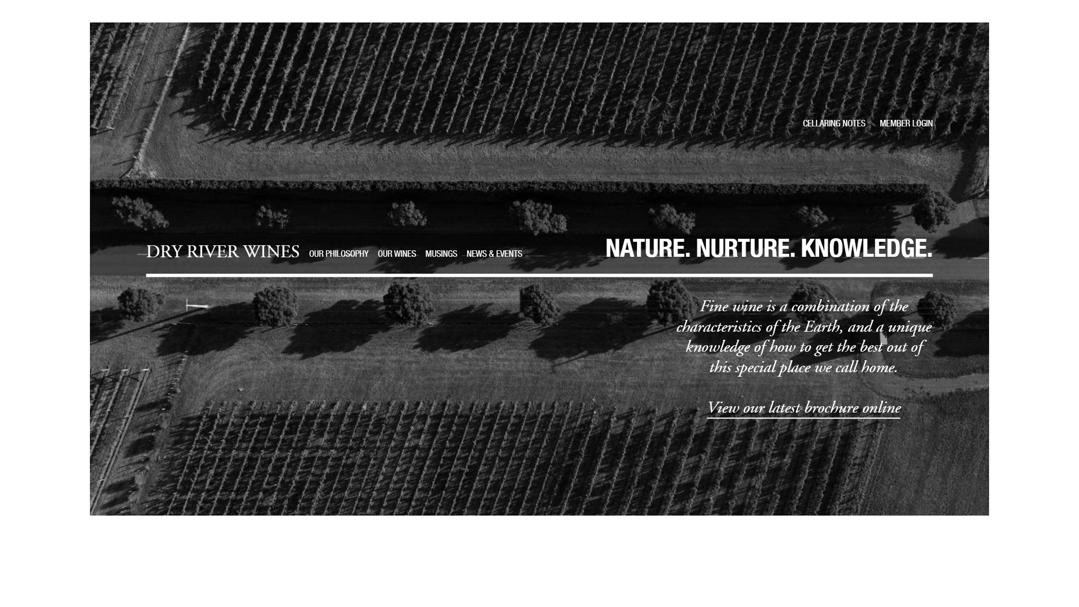 The Dry River home page on Shopify in 2020: an aerial photograph of the vineyard under Nature. Nurture. Knowledge.