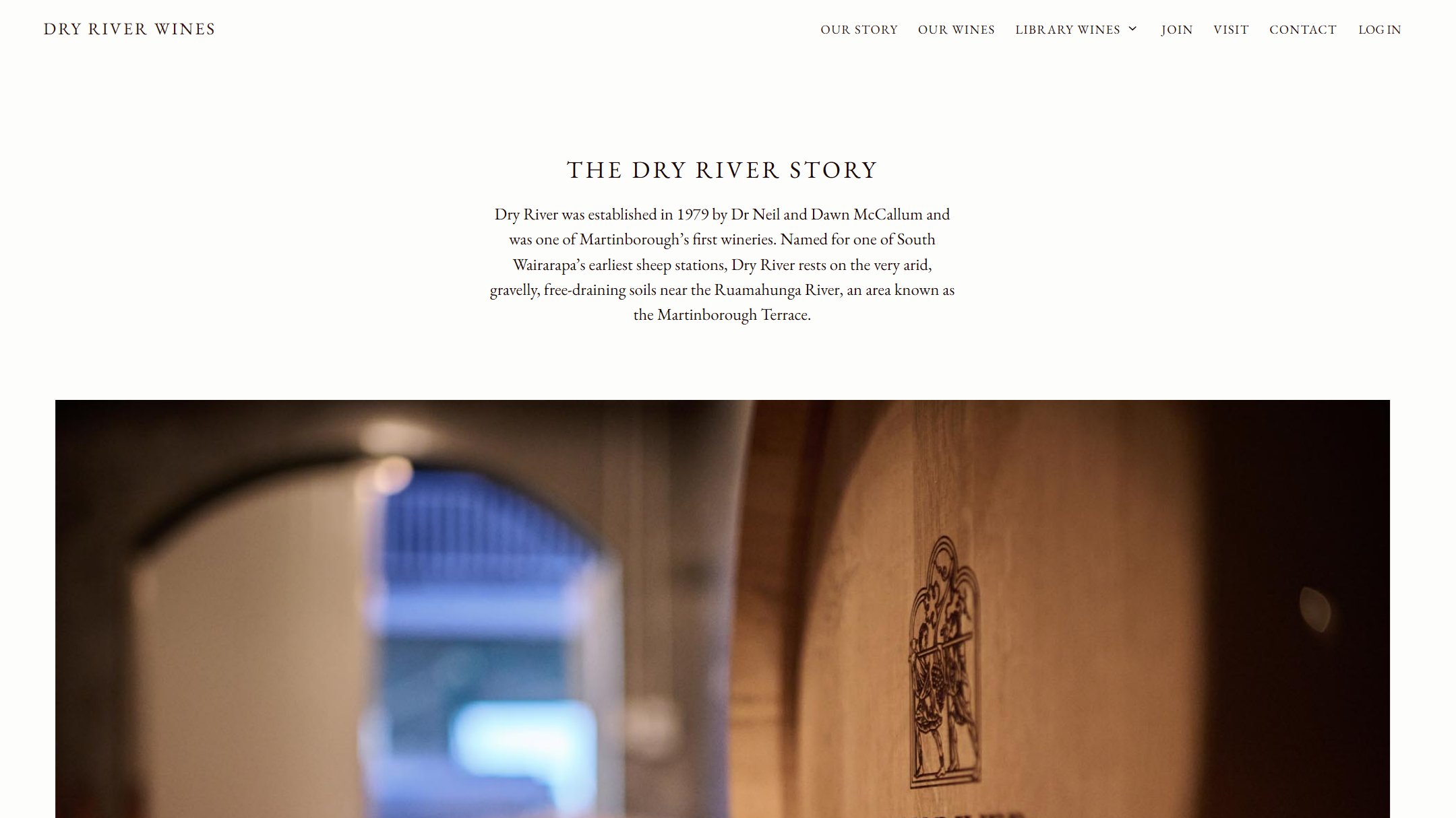 The Dry River Story page now: the founding story above a photograph of a Dry River barrel