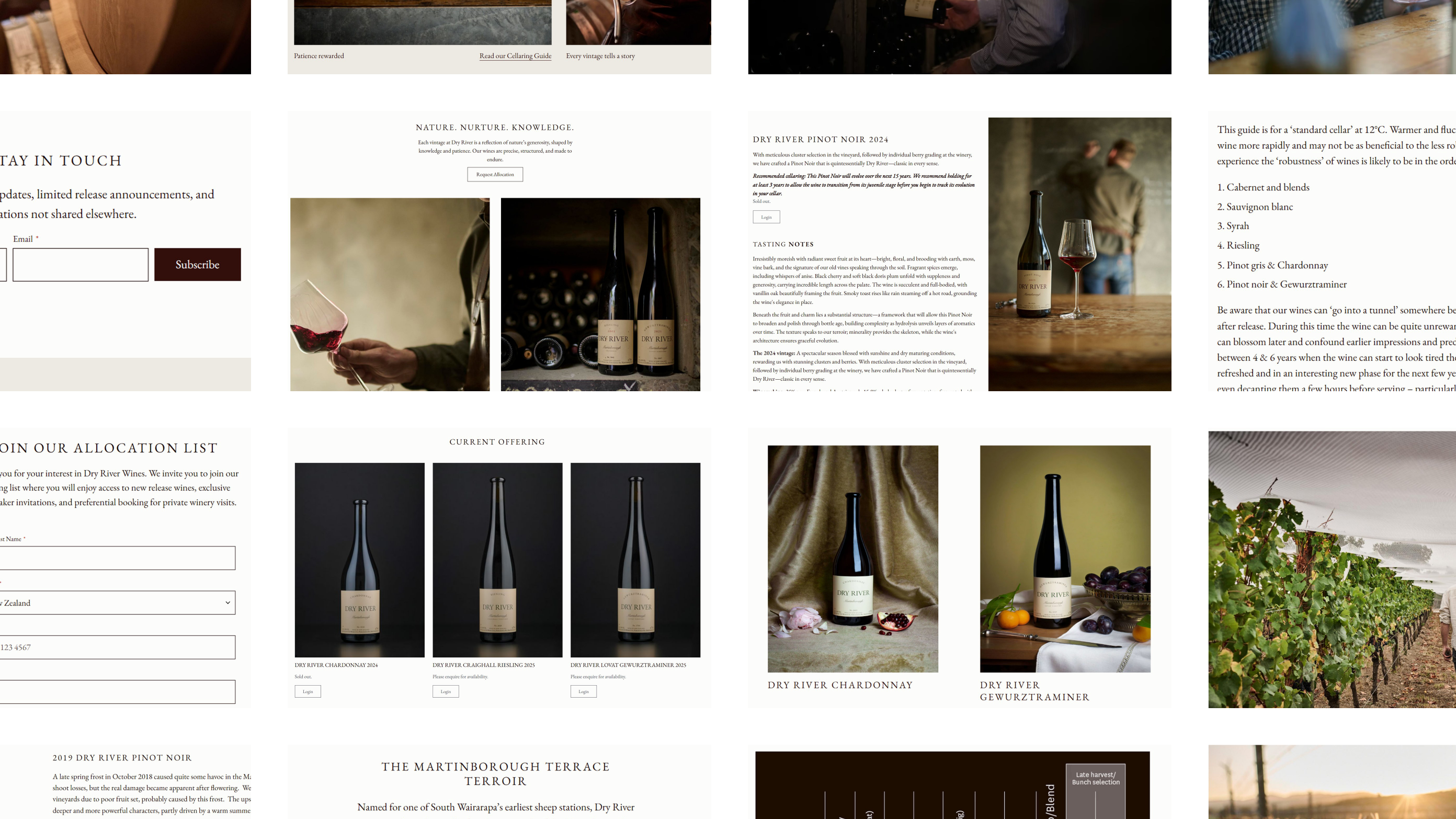 A grid of sections from the Dry River website: wines, library stills, cellaring guide, allocation list and vineyard photography