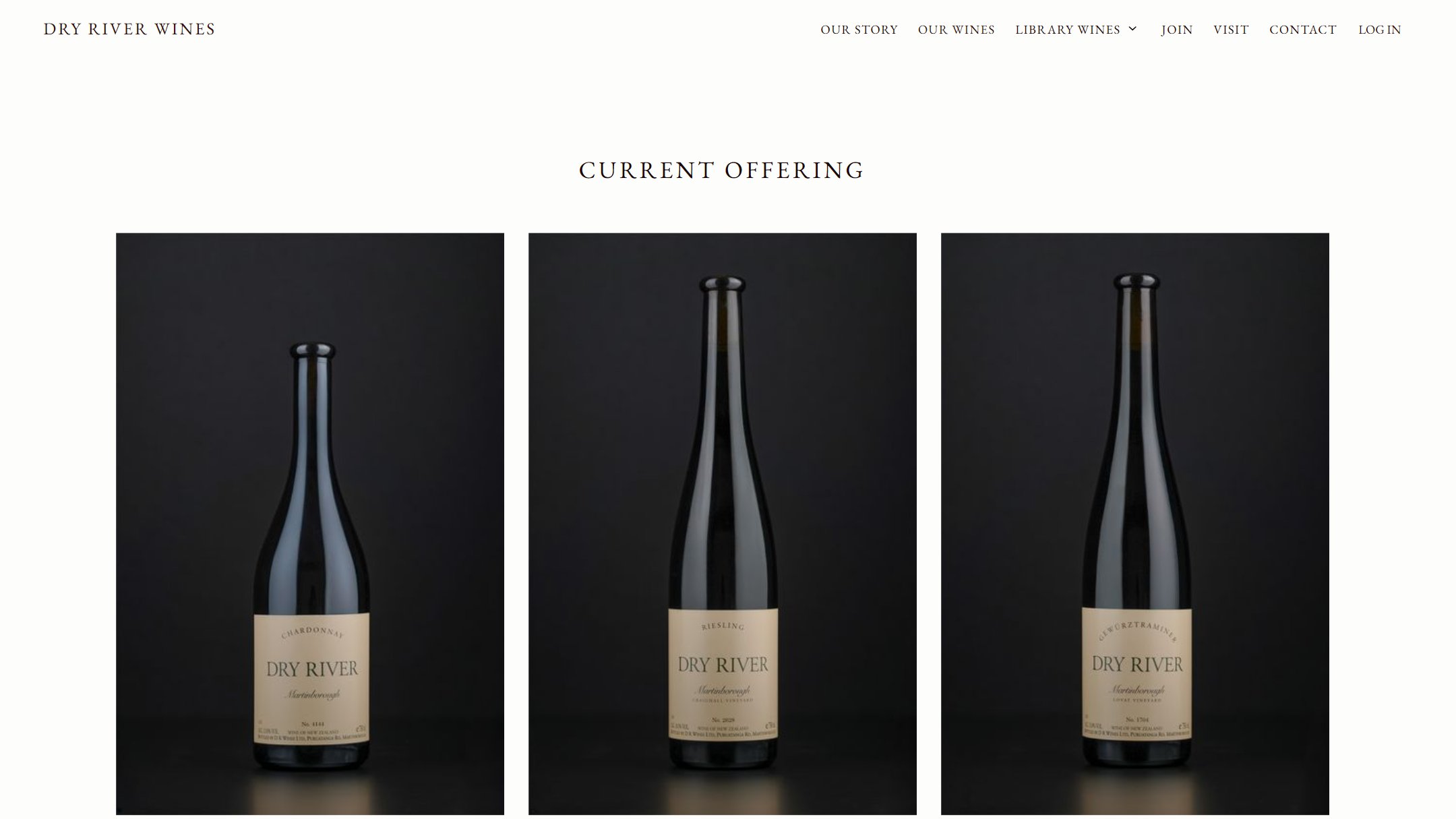 The Dry River Current Offering page now: each wine photographed on black