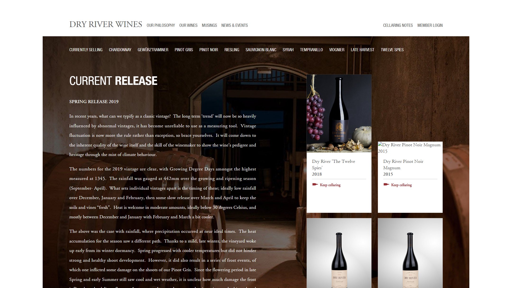 The Dry River Current Release page on Shopify in 2020: a long vintage report beside wine cards over a cellar photograph
