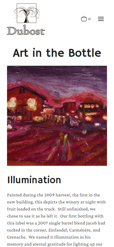 The Dubost page on a phone headed "Art in the Bottle", showing the painting used on a label and the story behind it.