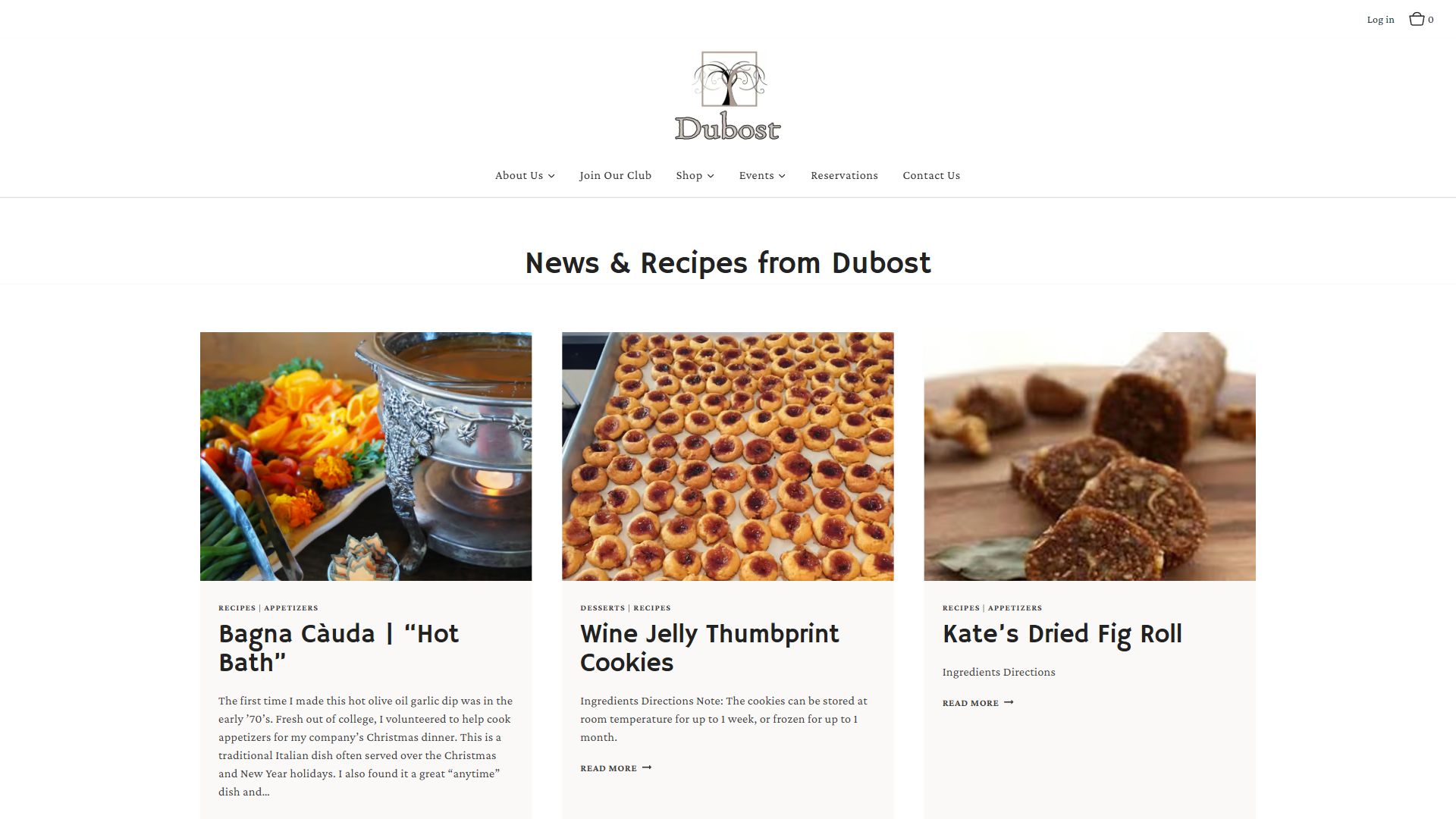 The Dubost blog in a desktop browser, headed "News & Recipes from Dubost", with recipe posts for bagna càuda, wine jelly thumbprint cookies and a dried fig roll.