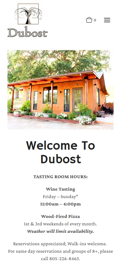 The Dubost homepage on a phone, with the orange tasting room photograph above the welcome heading and the tasting room hours.