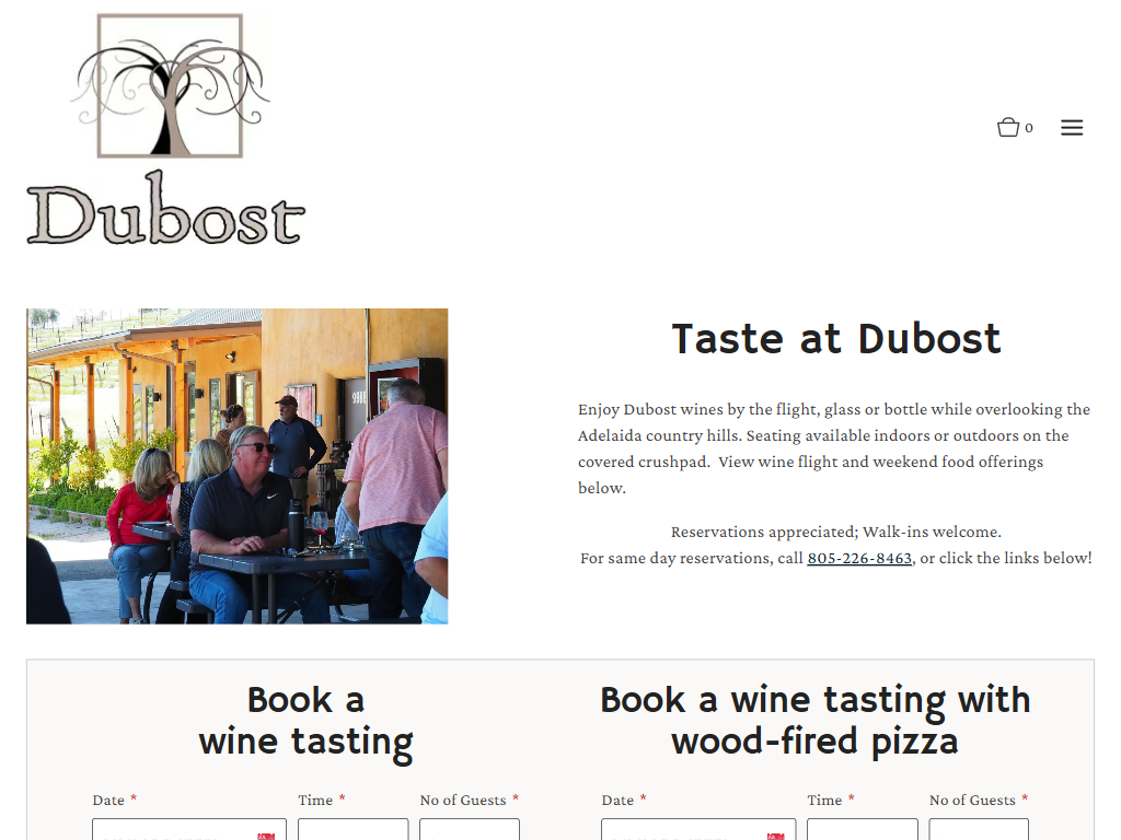 The Dubost reservations page in a desktop browser, headed "Taste at Dubost", with guests seated under the awning beside booking forms for a tasting or a tasting with wood-fired pizza.